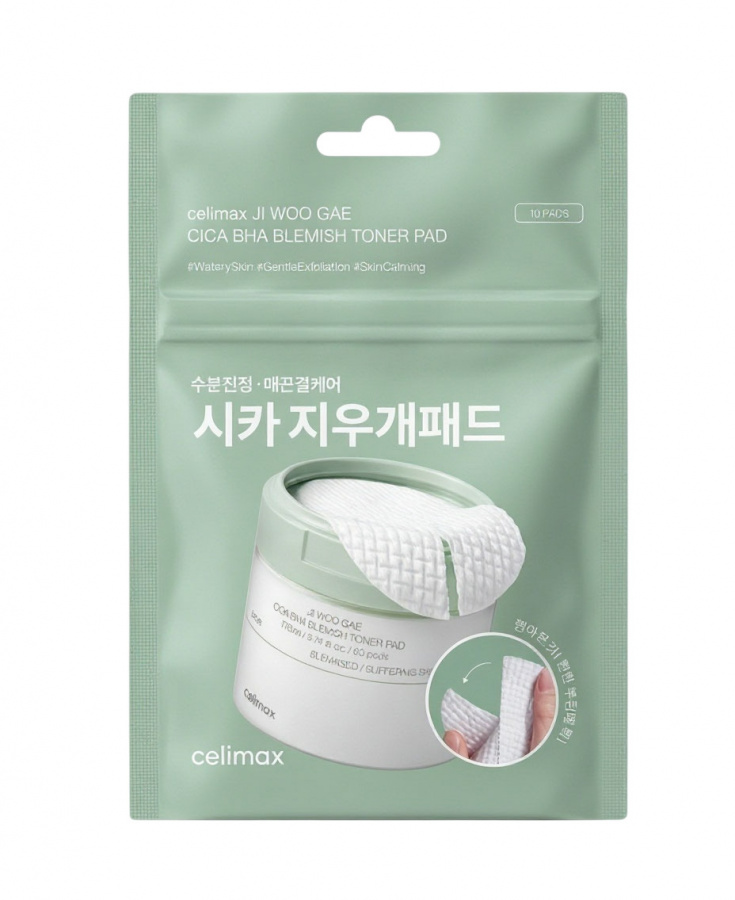 Тонер-пэды с BHA-кислотой Ji Woo Gae Cica BHA Blemish Toner Pad 10шт CELIMAX фото 1